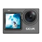 Juosia SJCAM SJ6 Ultra akcijos kameras su 2,0‑duočių ekranu, kas rodo surfa į šviečių, šiek tiek pločio 166° objektīva ir SJCAM logotipas.