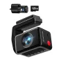 REDTIGER F4 Pro 4K frontinė ir 1080p pėdsė dash kamera su įvalstyta frontinė lente, raudona mygtuku pusėje, įsikūrę pėdsė kamerą ir 128 GB įsimtų kortelę.
