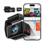 RETDIGER F4 Pro duomenų kameras su 4K frontinė lente, 1080p pėdsėje, 128 GB kortelė ir Wi‑Fi 6, parodžiam su ataskaitiniu moduliu ir smartfonu su programinėmis.