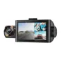 WOLFBOX i07 3‑kamerinis dash cam su 2,5K frontinė lente, 1080p vidutinė ir pėdsė kameros, WiFi, GPS, 3‑duočių IPS ekranas, rodantis kelio, kabinų ir pėdsė nuožymus, ir terpini modulius su IR diodėmis