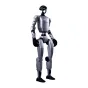UNITREE G1 Edu U2 tyrinėtojas humanoidinis robotas su sudrabu kūnu, juosčiais glovėmis ir aygulėmis, stovantis ant baltos fono, rodantis 43 laipsnių slobodumą ir kompakti būdą.