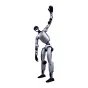 UNITREE G1 Edu U2 humanoid tyrinėtojas robotas su 43 laipsniais, sudrabu kūru, juosčiais glovėmis, baltu fone, kanapinė ranka išvērta