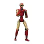 Unitree R1 Air Crimson Hero humanoid robot figure, pilniai raudona ir žalia ramyva, stovėjantis pozė su ugnėkštėmis, pilnasis komplektas
