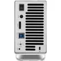OWC Mercury Elite Pro Dual RAID įkrovimo pultas su įjungimo mygtuku, DC įėjimų, eSATA ir USB 3.1 Gen 1 žymų, RAID režimo selectoriu ir ventilacijos šėšėmis