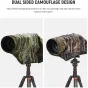NEEWER PB020 dviejų pusės kamufliažinis vėjožyminis kovraižas uz telefoto optikos objektīve, įdedamam į stativą, rodymas zaļią šaliaišų ir juosčiai medžiagų tekstūrą